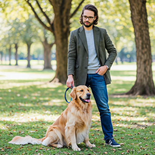 Un élève souriant avec son Golden Retriever dans un parc